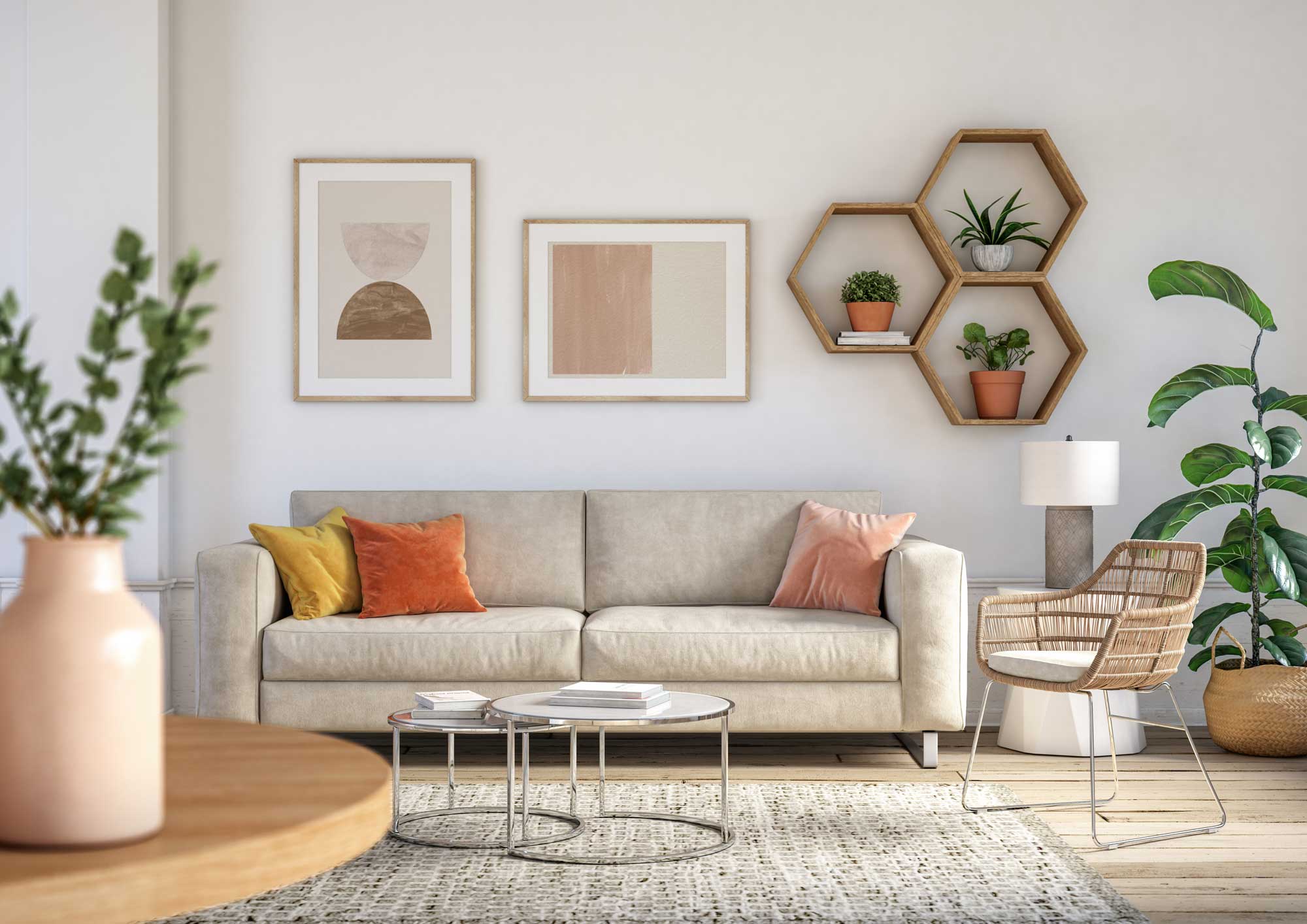Modern minimalist living room with neutral decor, plants, and comfortable seating