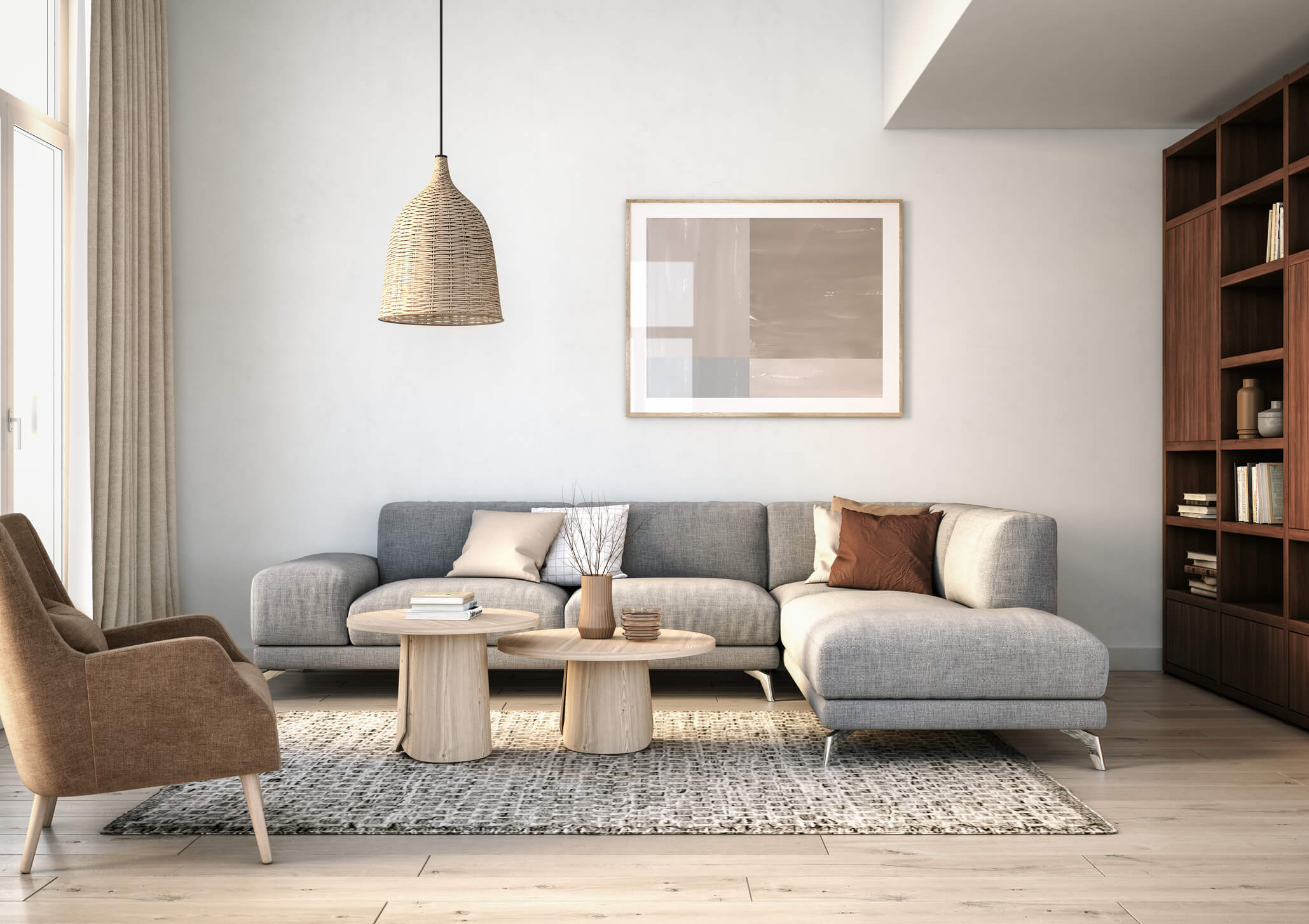 Modern furnished living room with sectional sofa, wood accents, and neutral decor