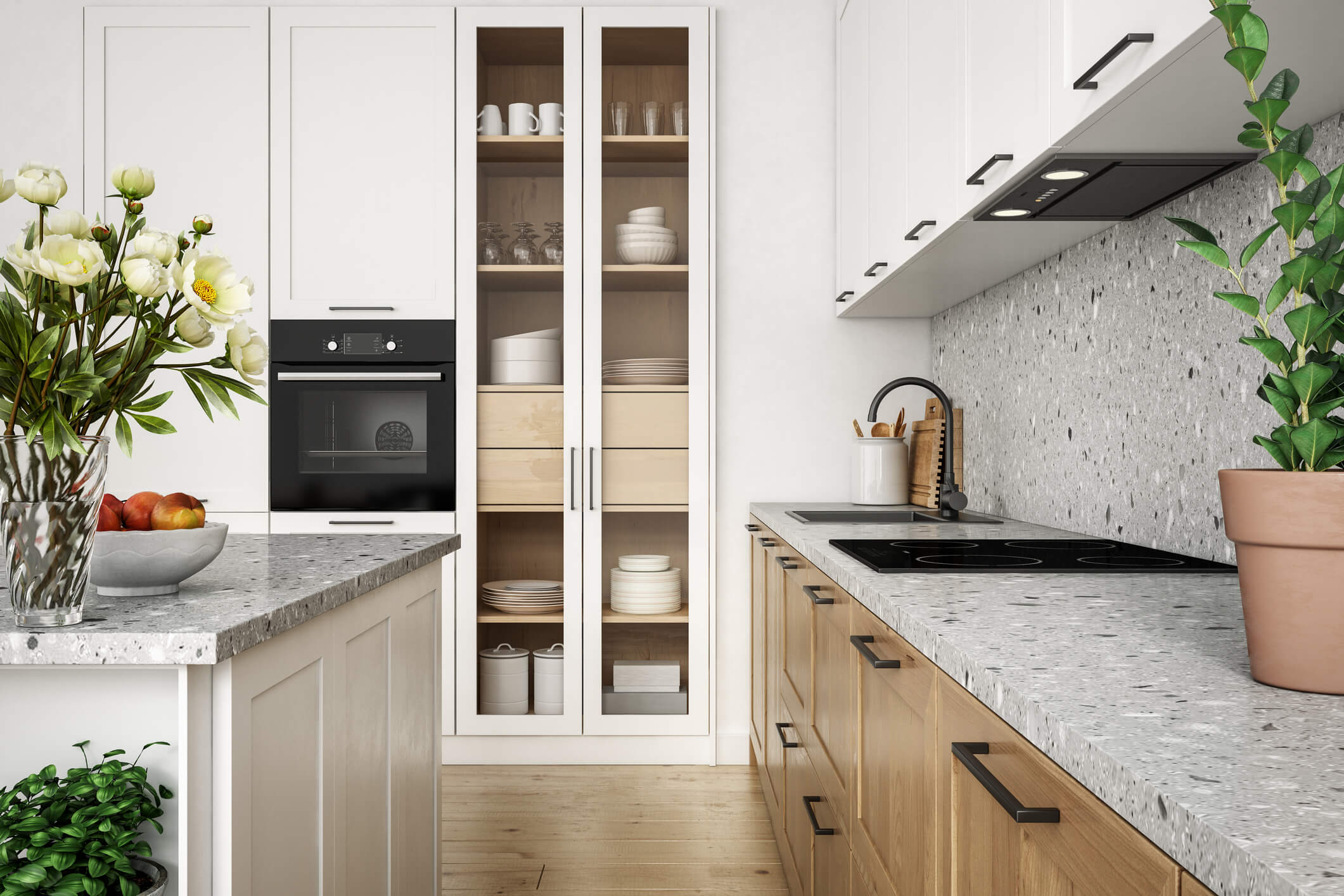 Modern furnished apartment kitchen with stone countertops and full size appliances