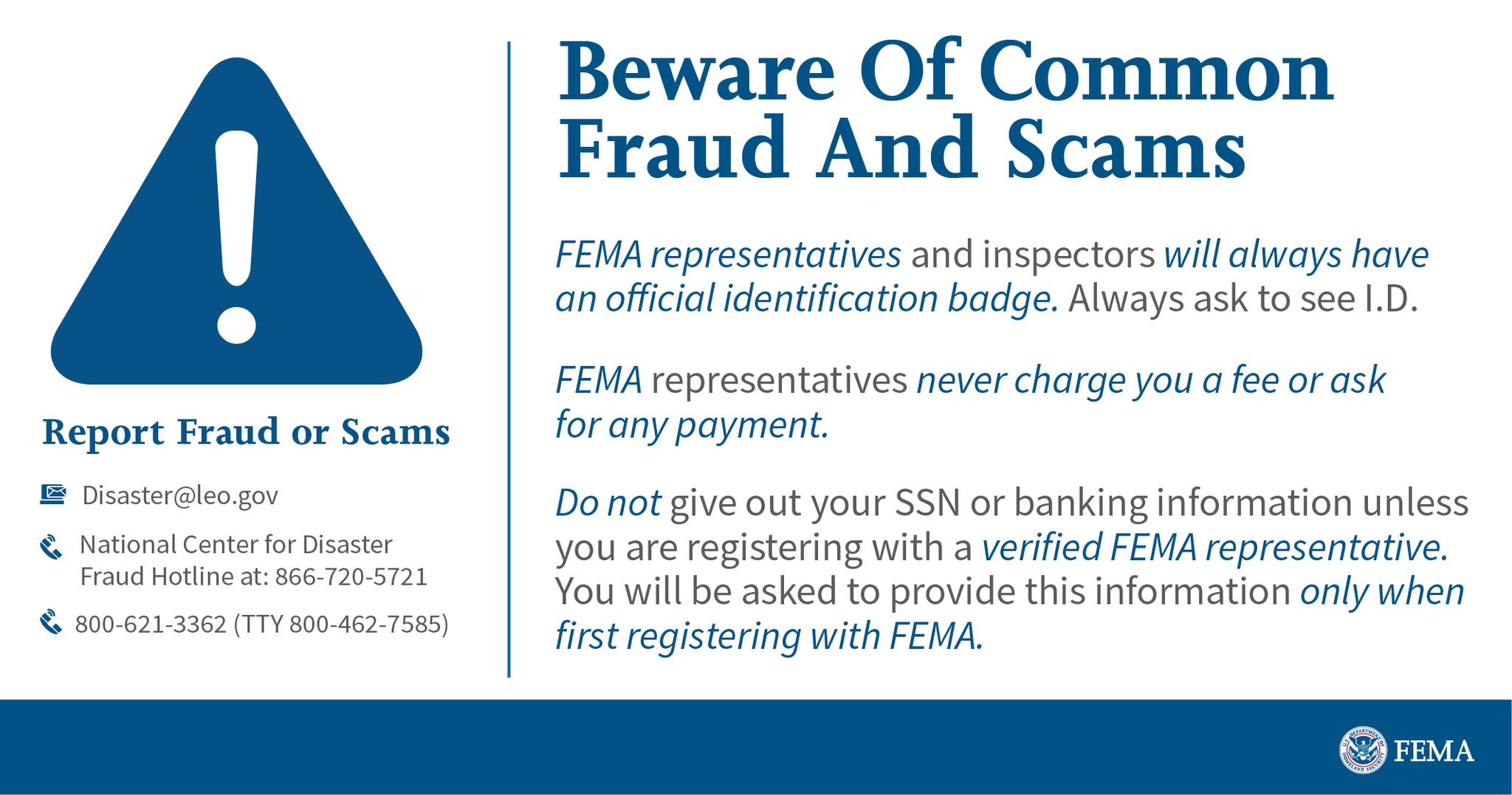 FEMA fraud awareness graphic with scam prevention and reporting information