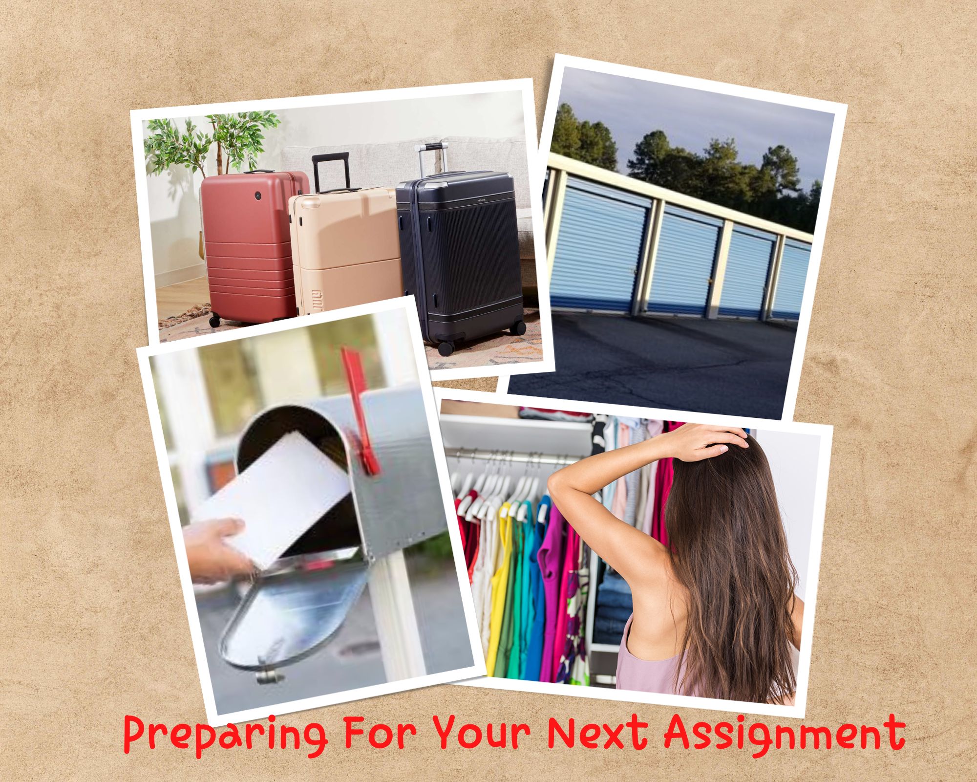 Collage showing relocation preparation items for a temporary housing assignment