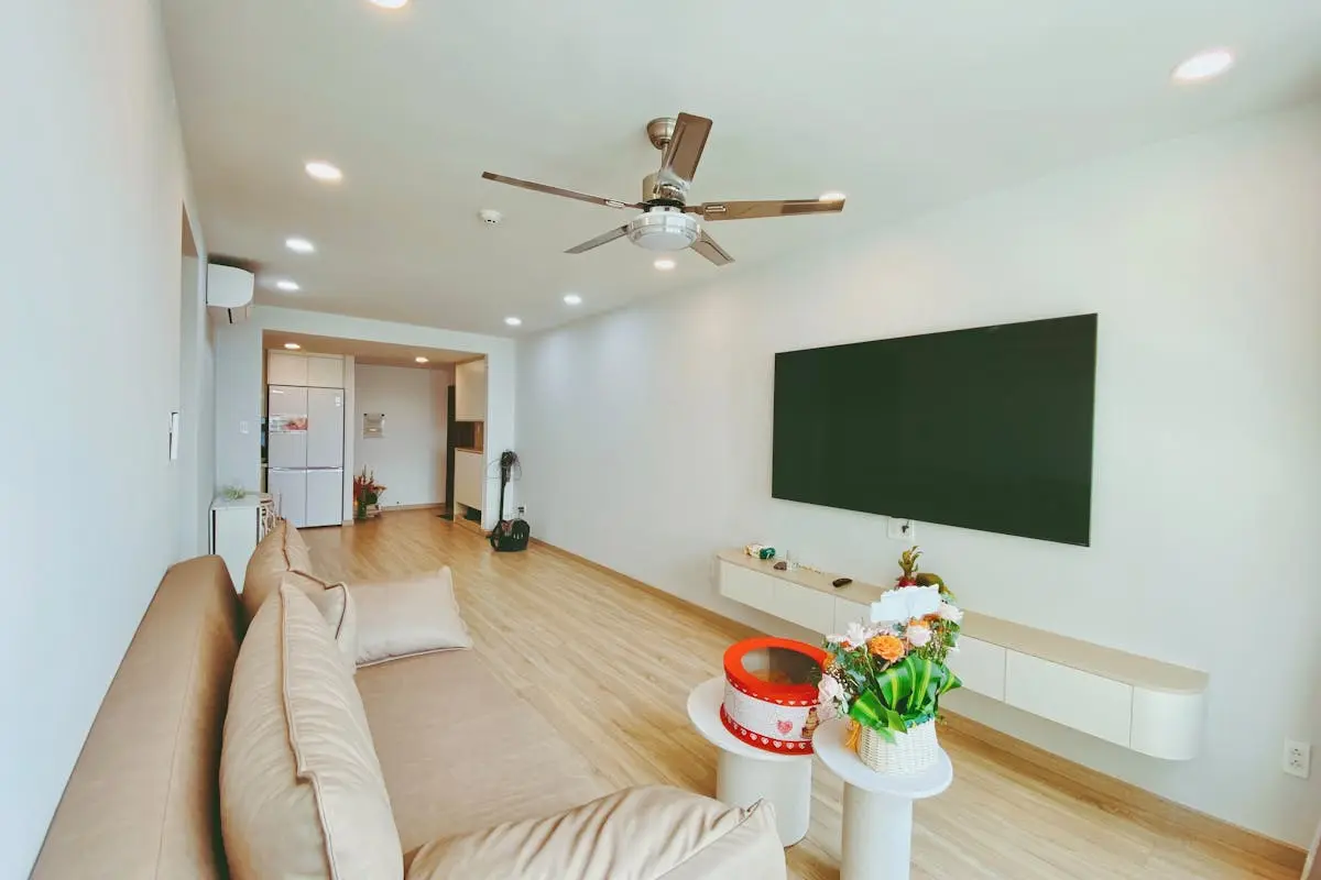 Bright furnished apartment living room with open layout and modern finishes