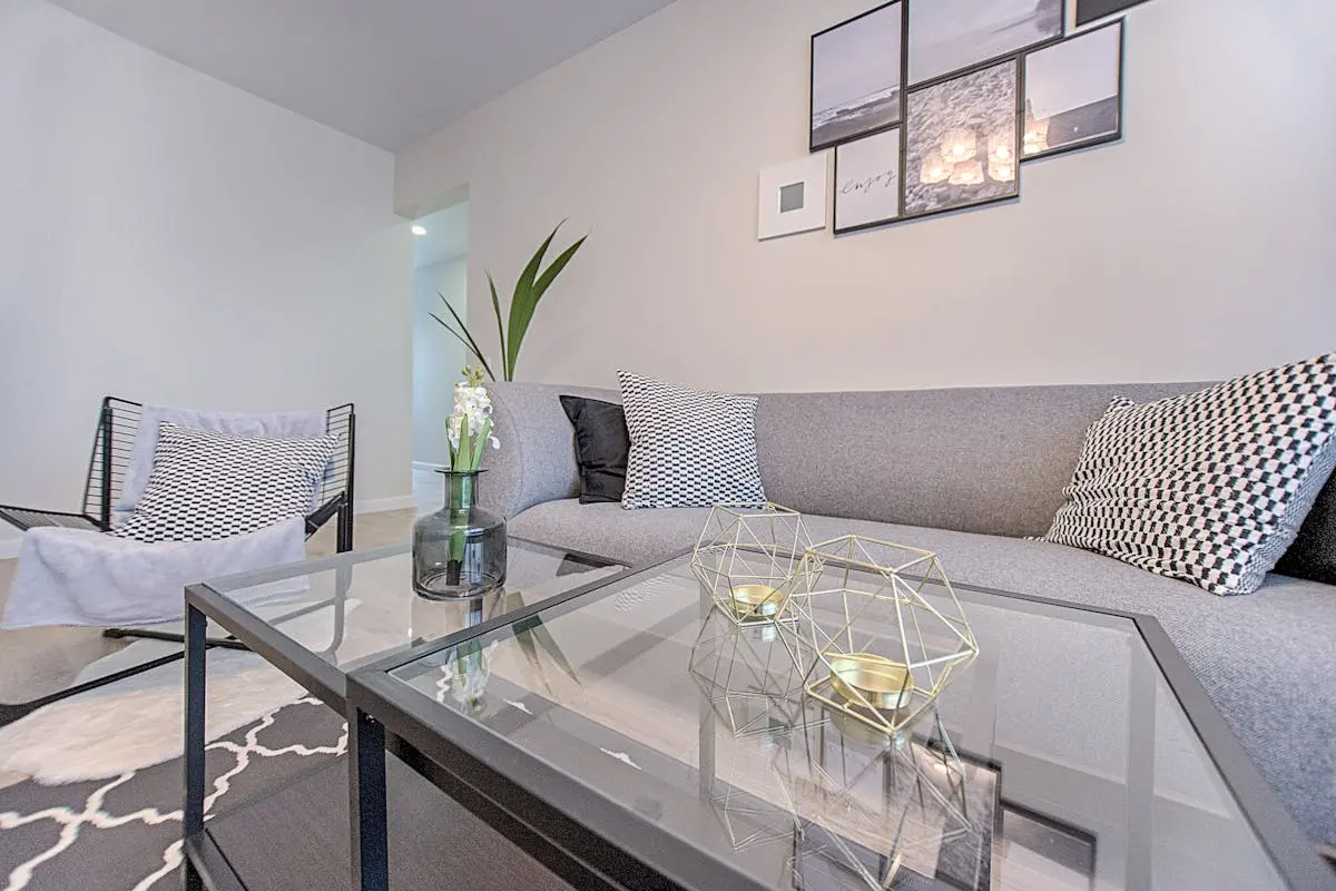 Modern furnished apartment living room with contemporary décor and seating area