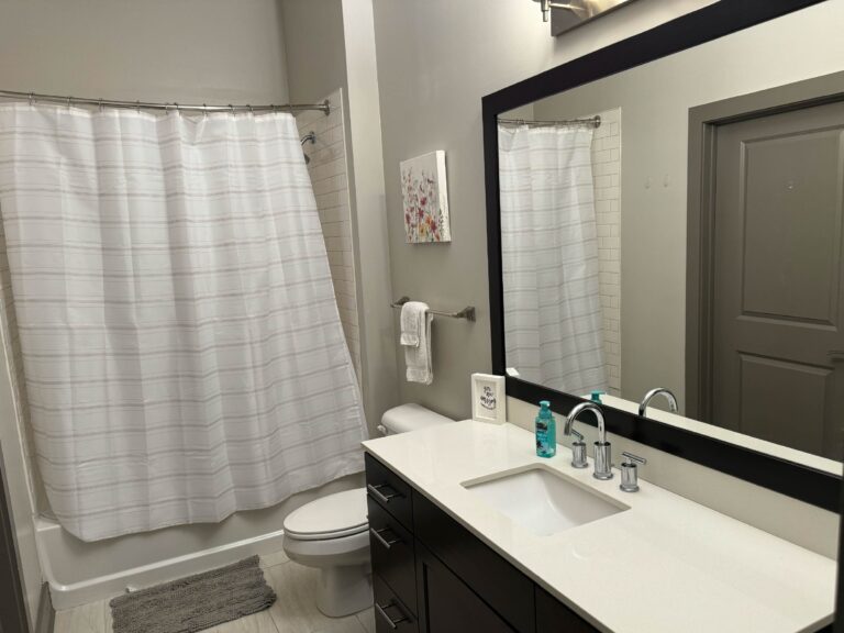 Modern bathroom at The Addison featuring a quartz vanity, oversized framed mirror, contemporary fixtures, and a tub-shower combination with subway tile surround.