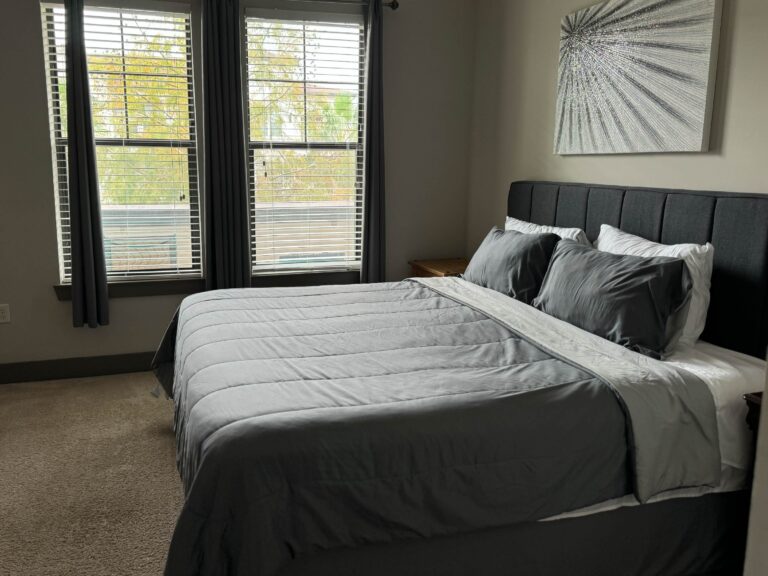 Primary bedroom at The Addison featuring a king-size bed, upholstered headboard, large windows with natural light, and modern furnishings.