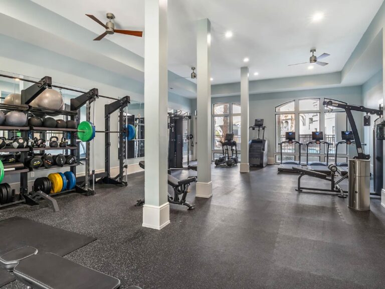 Modern fitness center at The Addison featuring free weights, squat racks, cable machines, treadmills, and dedicated strength training areas.