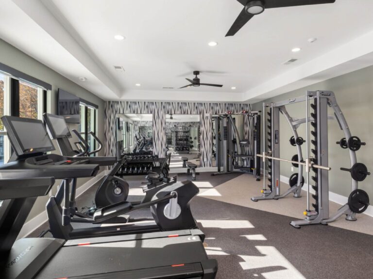 Fitness center at Alexander Crossing featuring treadmills, ellipticals, free weights, strength training equipment, mirrored walls, and large windows providing natural light.