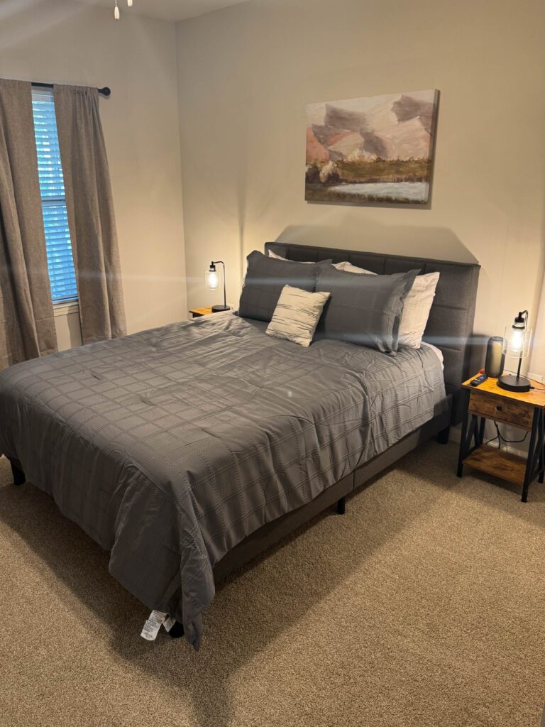 Primary bedroom featuring a queen bed with gray bedding, matching nightstands, accent lighting, soft carpeting, and neutral décor.