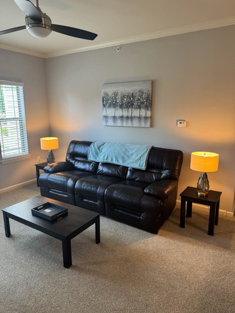 Comfortable living room featuring a black leather reclining sofa, coffee table, end tables with lamps, contemporary artwork, and large windows providing natural light.
