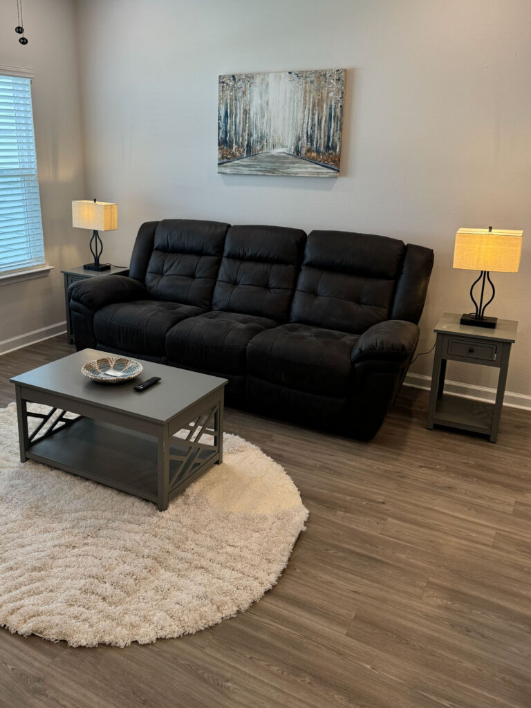 Modern Covey Homes living room with reclining sofa, wood-style flooring, accent lighting, and contemporary furnishings.