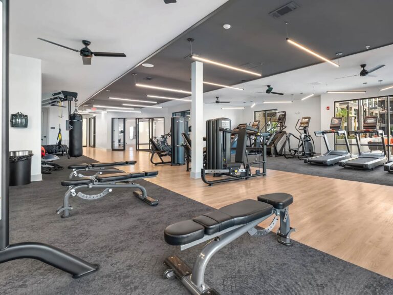 Modern fitness center featuring cardio machines, strength training equipment, free weights, functional training space, and ample room for full-body workouts.