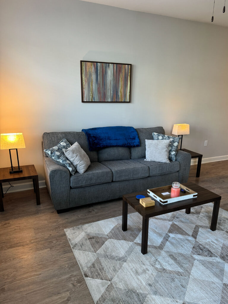 Modern living room at Evergreen at Southwood featuring a gray sofa, contemporary decor, accent lighting, and wood style flooring in Tallahassee Florida