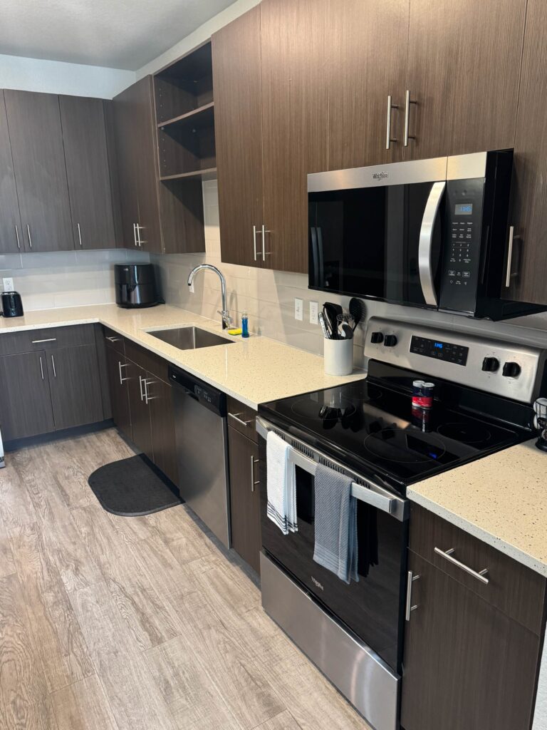 Modern kitchen with dark wood cabinetry, stainless steel appliances, quartz-style countertops, and contemporary finishes.