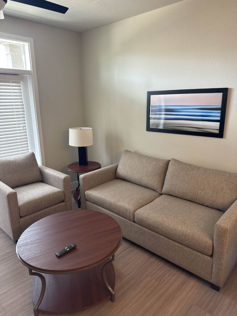 Fully furnished living room at Lenox Grand Apartments in Austin, Texas featuring a sofa, accent chair, coffee table, end table, lamp, modern artwork, and luxury vinyl plank flooring.