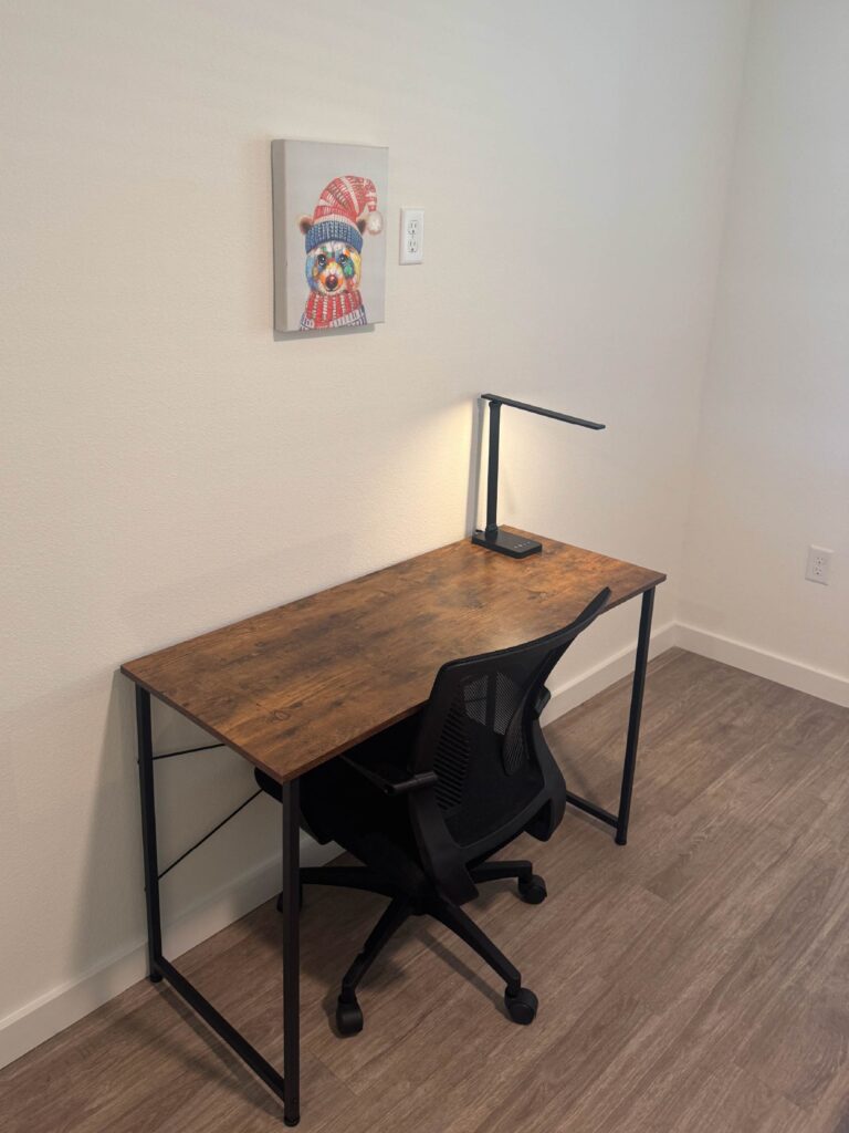 Dedicated workspace with a modern desk, ergonomic office chair, and task lighting for remote work or study.