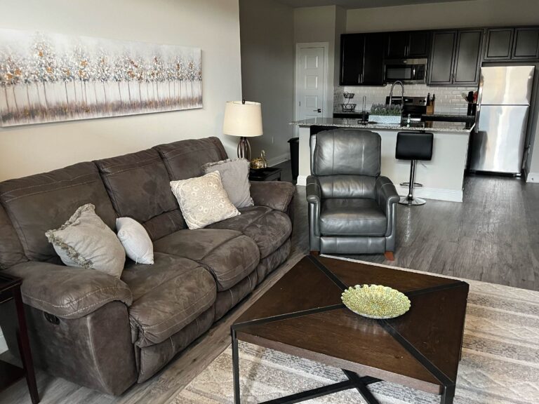 Open concept living room and kitchen at Oasis at Southpark featuring comfortable seating, modern furnishings, granite countertops, and stainless steel appliances.