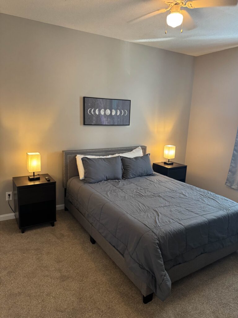 Modern bedroom with gray bedding, matching nightstands, soft lighting, carpeted floors, and contemporary wall art.