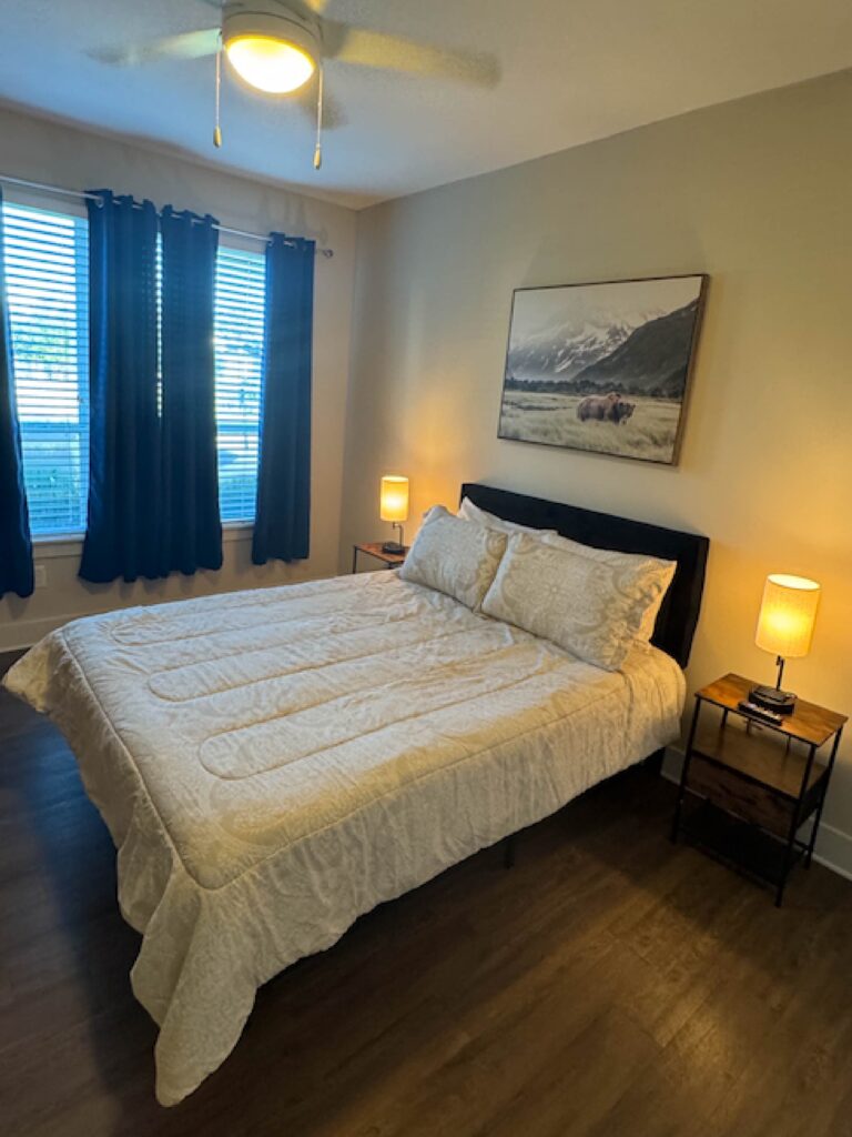 Modern furnished bedroom with a queen bed, bedside lamps, dark curtains, and mountain landscape wall art.