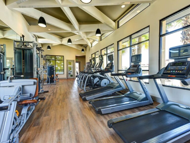 Modern fitness center with treadmills, cardio machines, strength equipment, and large floor-to-ceiling windows.