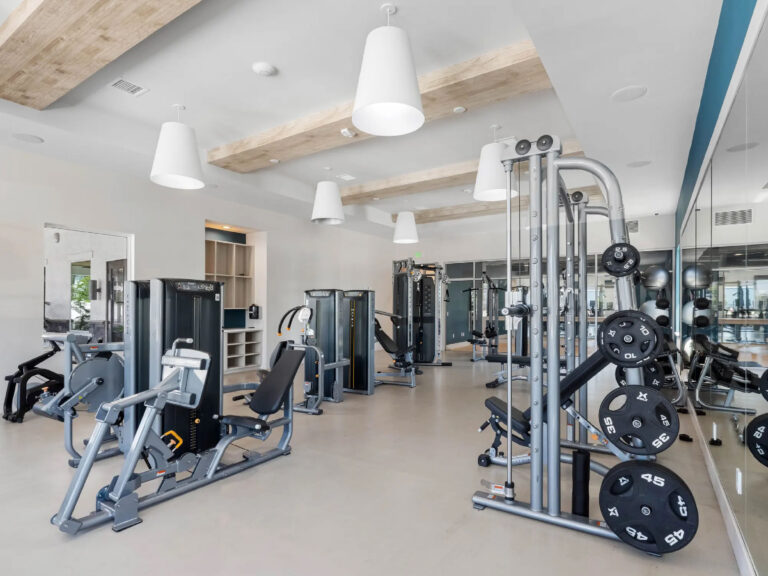 Modern fitness center at V2 Apartments in Fort Myers featuring strength training machines, free weights, and spacious contemporary design.