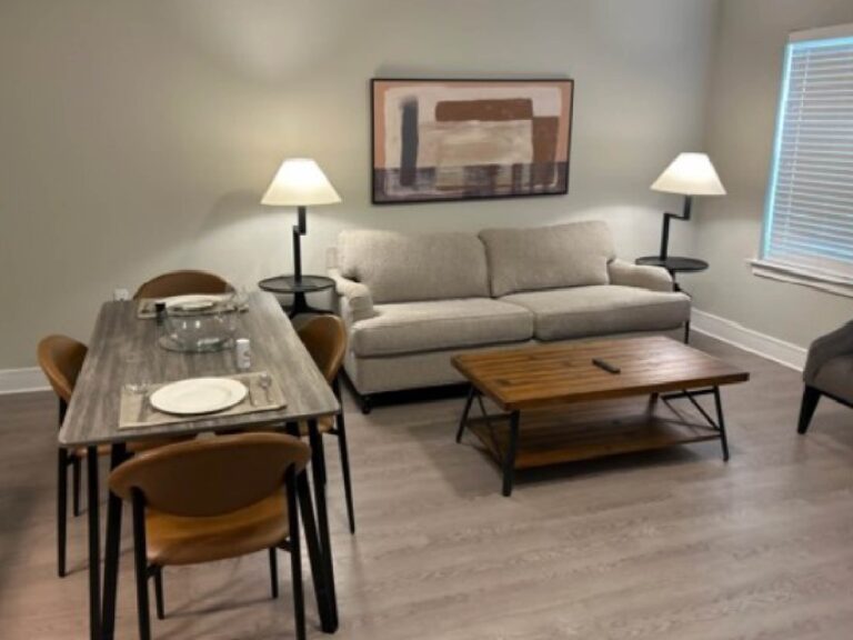 Open concept living and dining area at Vale Apartments featuring contemporary furnishings, a comfortable sofa, dining table seating, accent lighting, and spacious luxury apartment design.