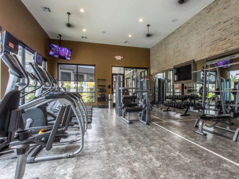 State-of-the-art fitness center at Vale Apartments in the Spring/Houston area featuring cardio machines, free weights, strength training equipment, large windows, and modern fitness facilities.