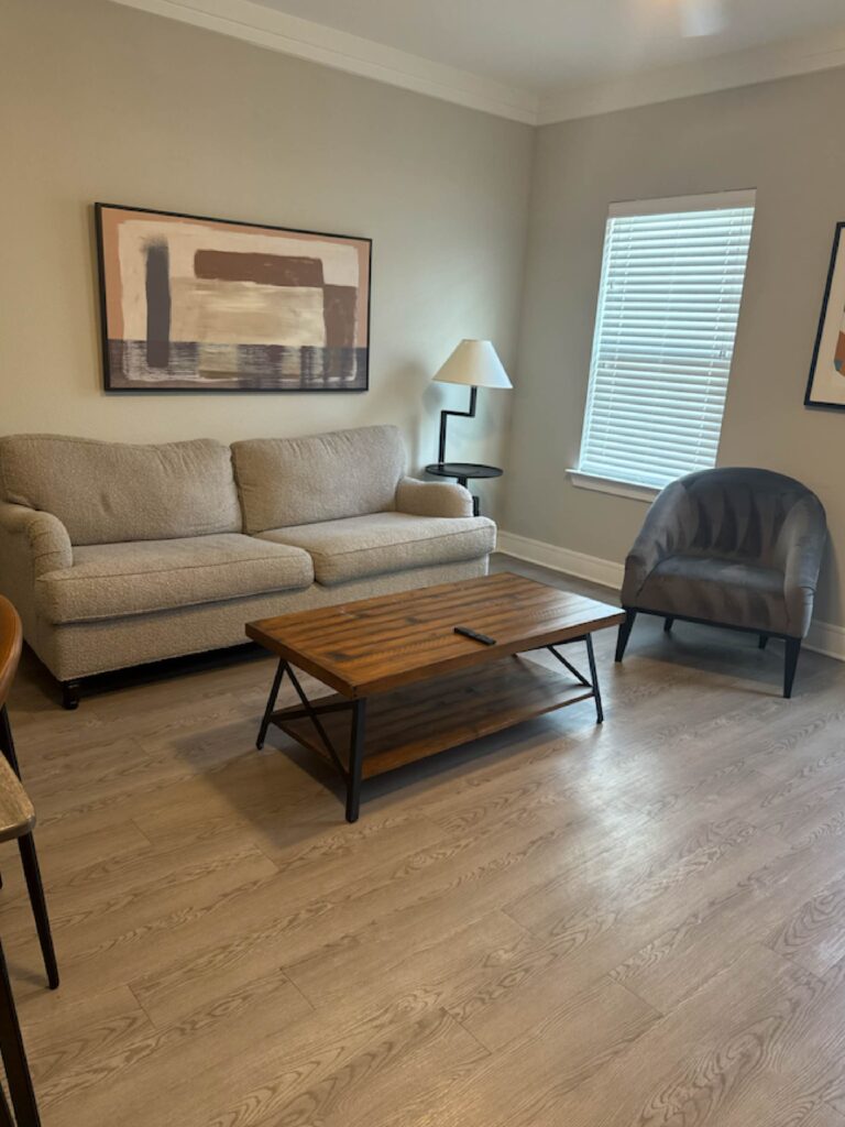 Comfortable living room at Vale Apartments featuring a plush sofa, accent chair, coffee table, contemporary artwork, natural light, and modern residential furnishings.