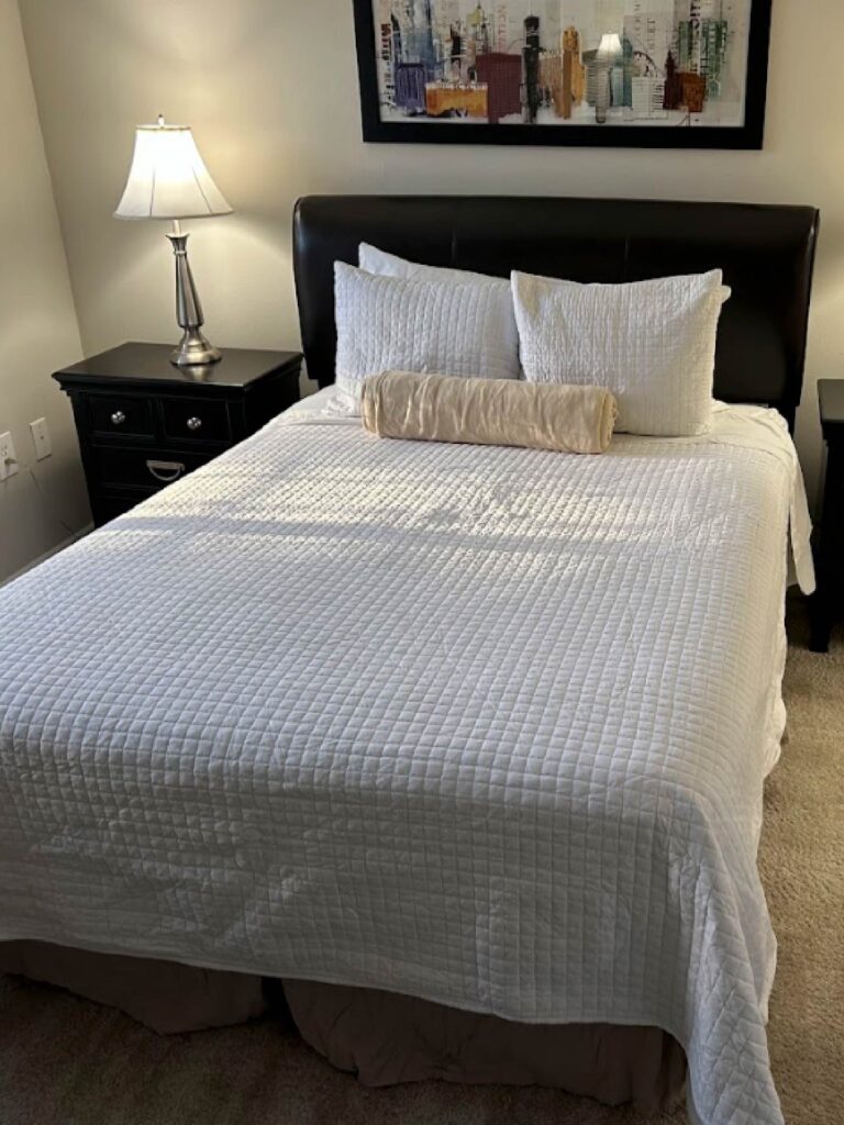 Comfortable guest bedroom at Vista Commons featuring a queen-size bed with white bedding, black leather headboard, nightstand, bedside lamp, and contemporary artwork.