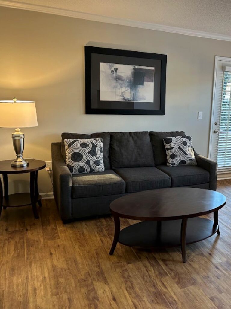 Comfortable living room at Vista Commons in Columbia, South Carolina, featuring a modern sofa, accent pillows, coffee table, side table with lamp, and luxury vinyl plank flooring.
