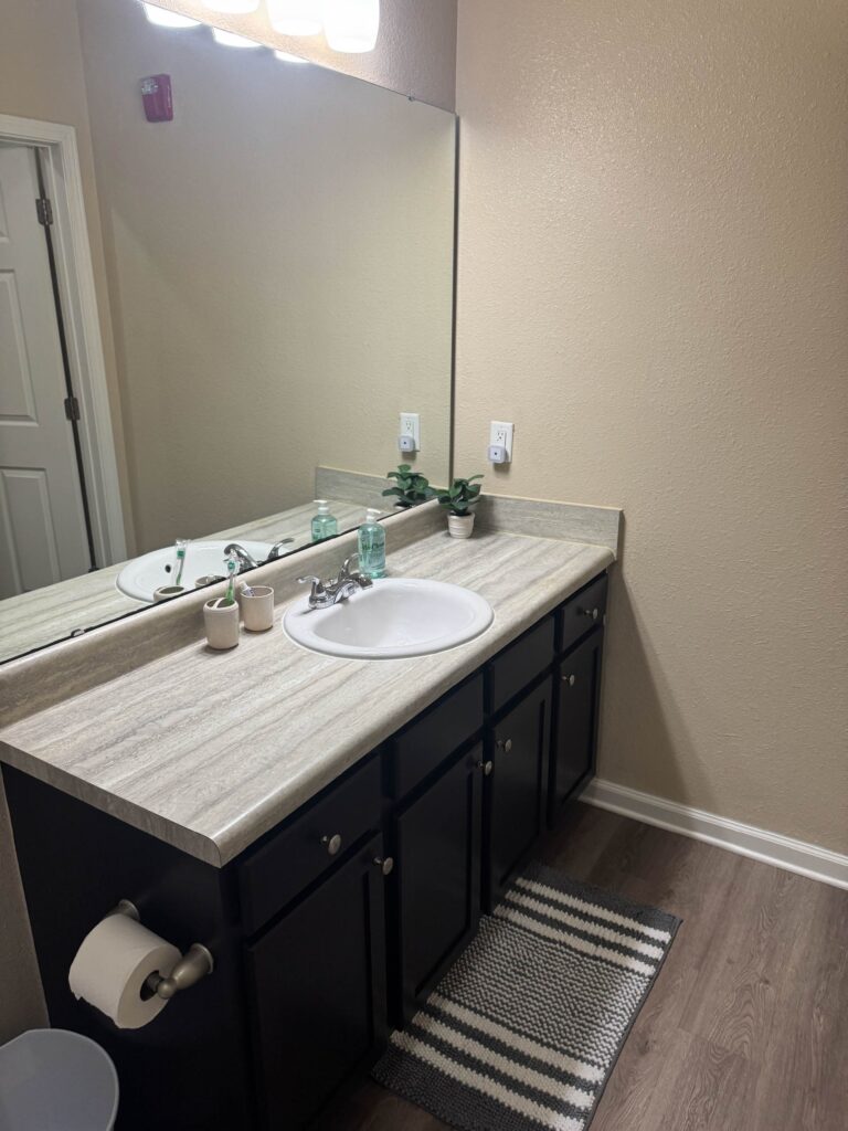 Spacious bathroom vanity featuring an oversized mirror, large countertop, ample cabinet storage, and modern fixtures at Waterstone at Brier Creek in Lexington, Kentucky.