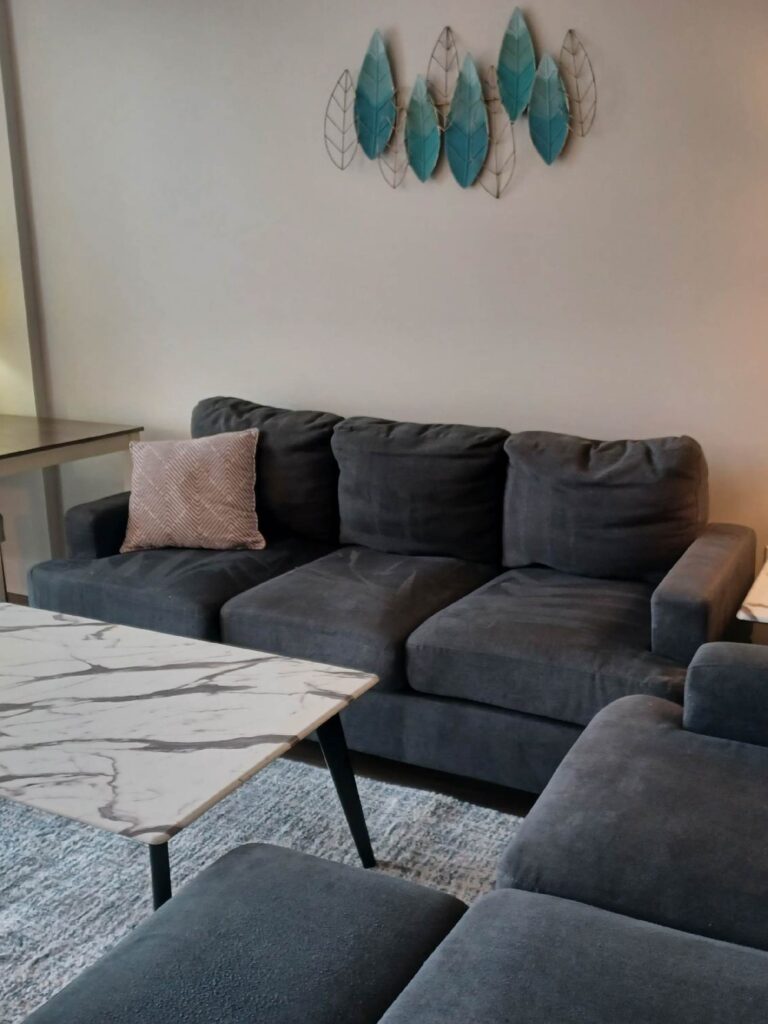 Modern living room with dark sectional seating, marble-style coffee table, area rug, and decorative wall art.