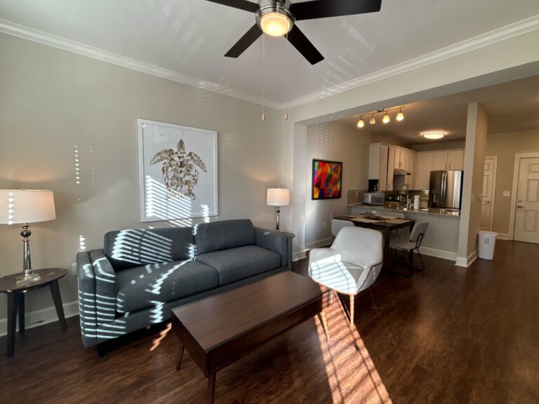 Open concept living area at Weirbridge Village featuring a modern sofa, accent chair, coffee table, hardwood flooring, dining area, fully equipped kitchen, ceiling fan, and large windows providing natural light.