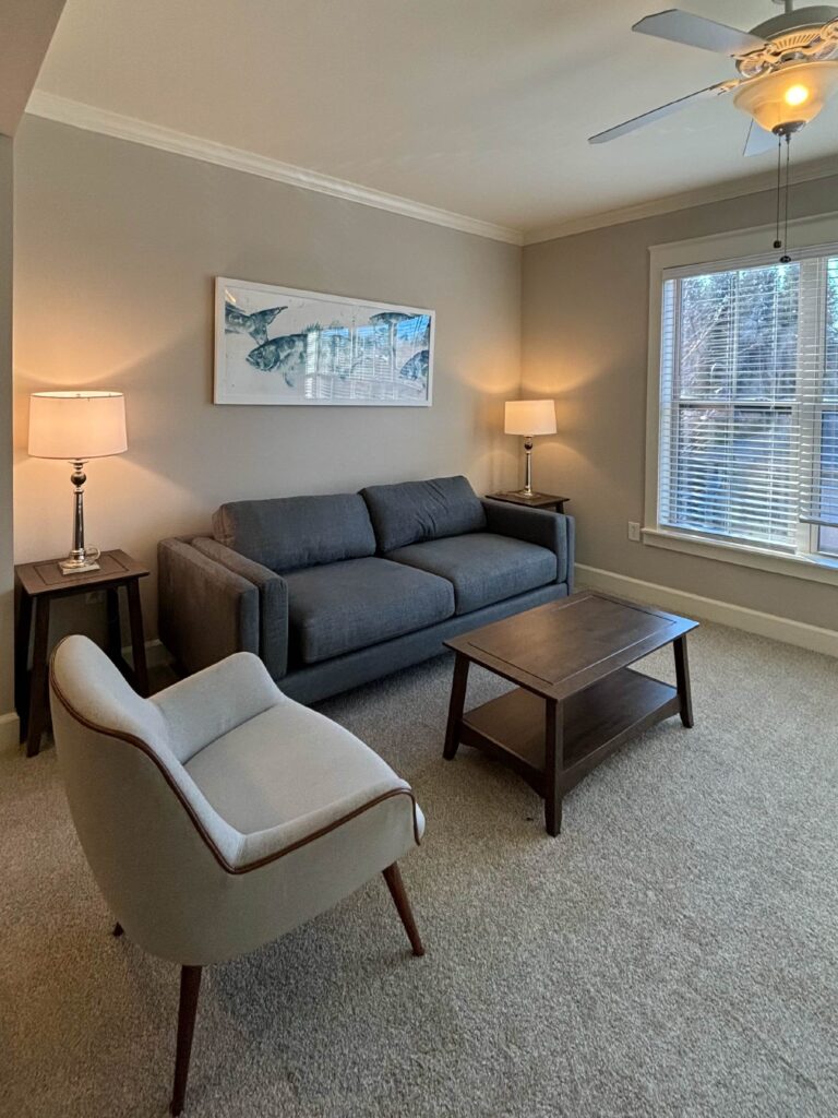 Comfortable living room at Weirbridge Village featuring a modern sofa, accent chair, coffee table, table lamps, plush carpeting, large windows with natural light, and contemporary artwork.