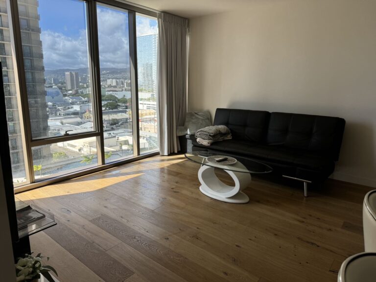 Modern high-rise living room with floor-to-ceiling windows, city skyline views, hardwood flooring, black sofa, and glass coffee table.
