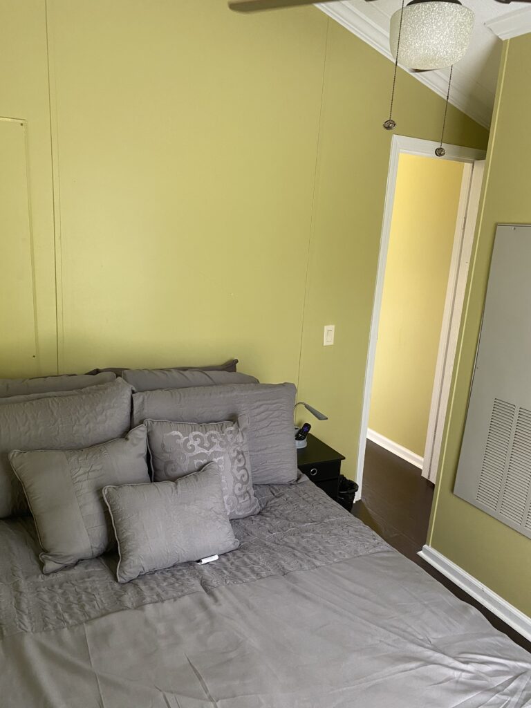 Cozy bedroom featuring a plush bed with decorative pillows, vaulted ceilings, soft green walls, and convenient access to the rest of the cabin.