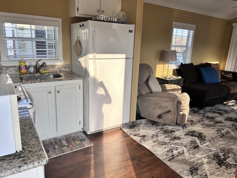 Open-concept living and kitchen area featuring a full-size refrigerator, granite countertops, comfortable seating, and abundant natural light.